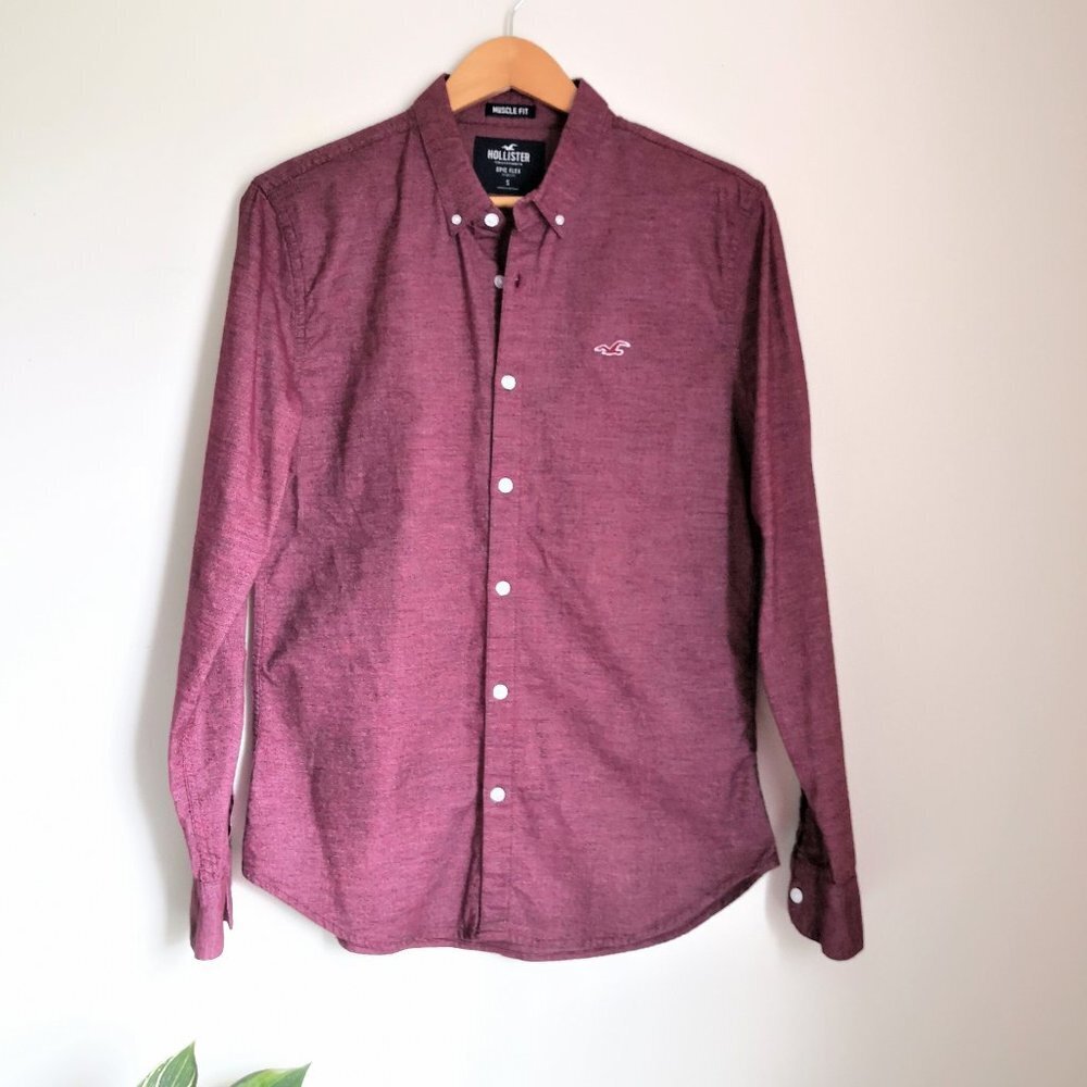 NWOT Hollister Men's Cotton‎ Slim Fit Shirt Burgundy Tweed Size S